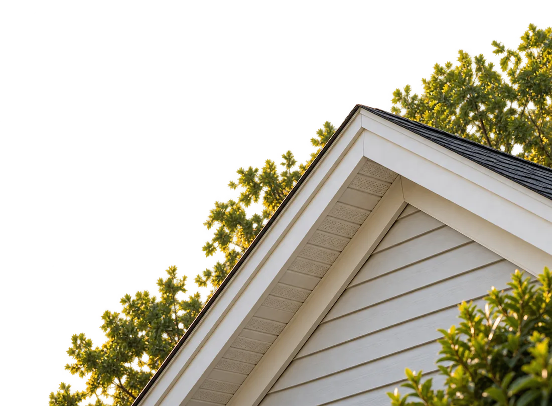 The peak of a house roof and soffit, with trees behind it