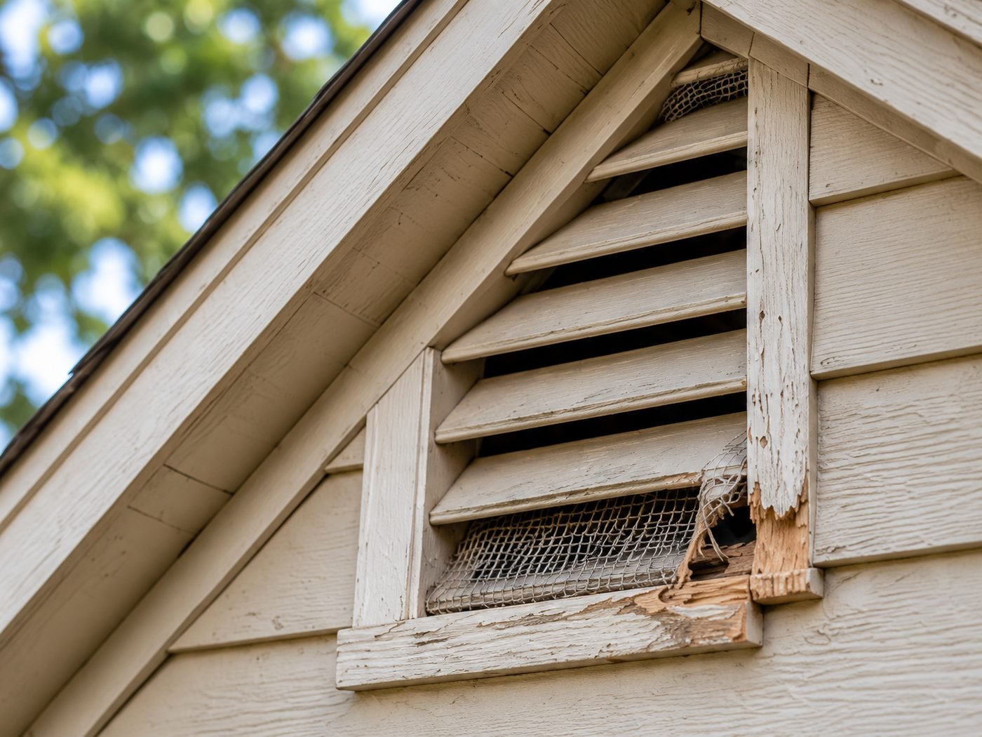 A weathered gable vent with a torn screen on the peak of a house