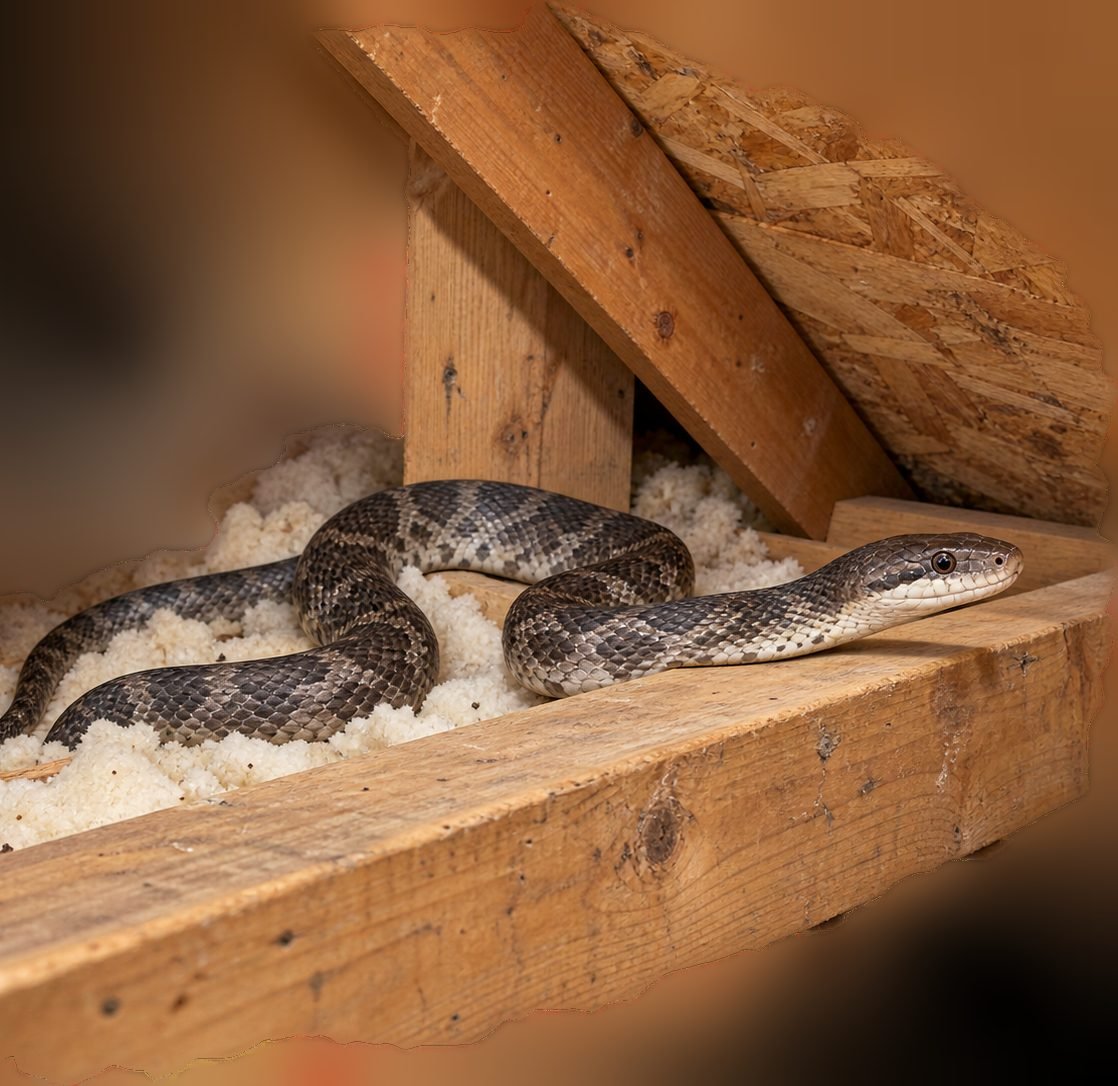 A gray ratsnake resting on attic insulation beside a wood joist