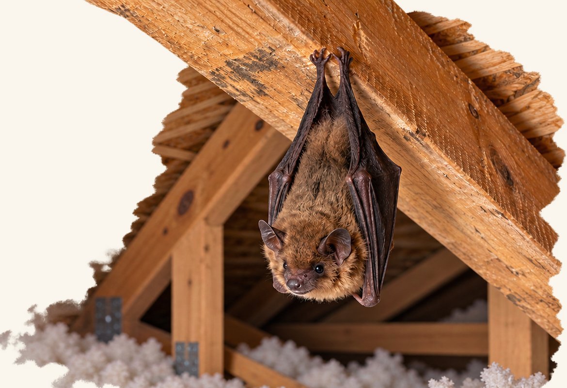 A brown bat hanging from an attic rafter above the insulation