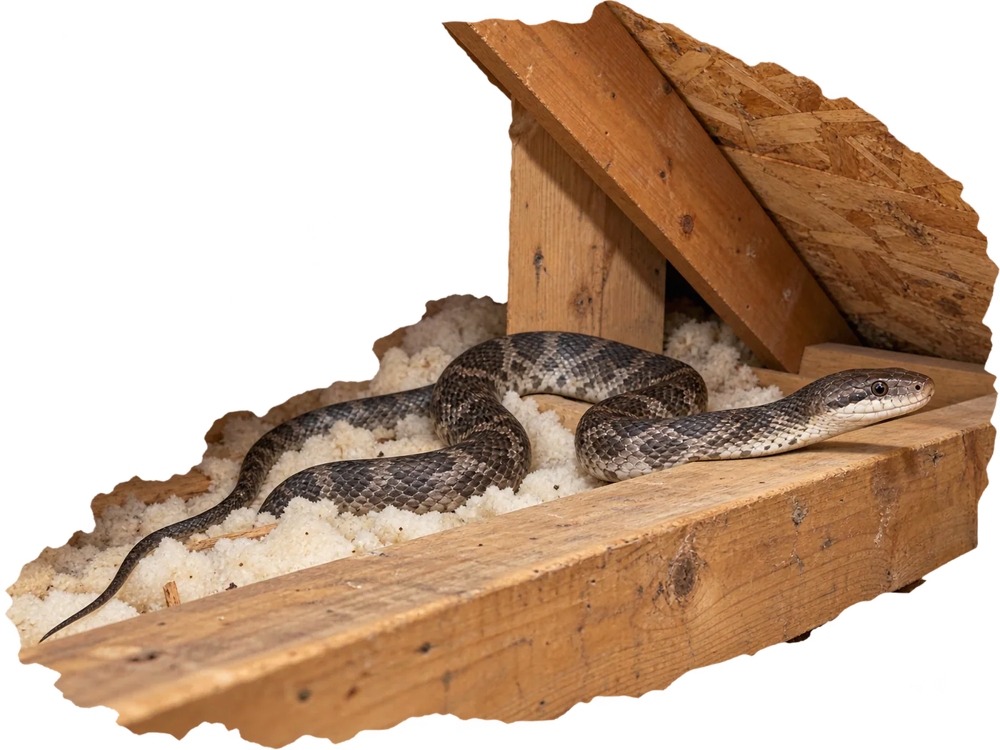 A gray ratsnake resting on attic insulation beside a wood joist